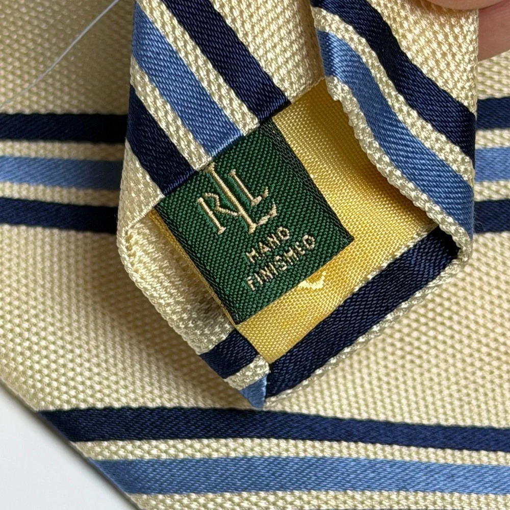 Lauren Ralph Lauren Mens Silk Tie Cream Navy‎ Blue Diagonal Stripe Made in USA